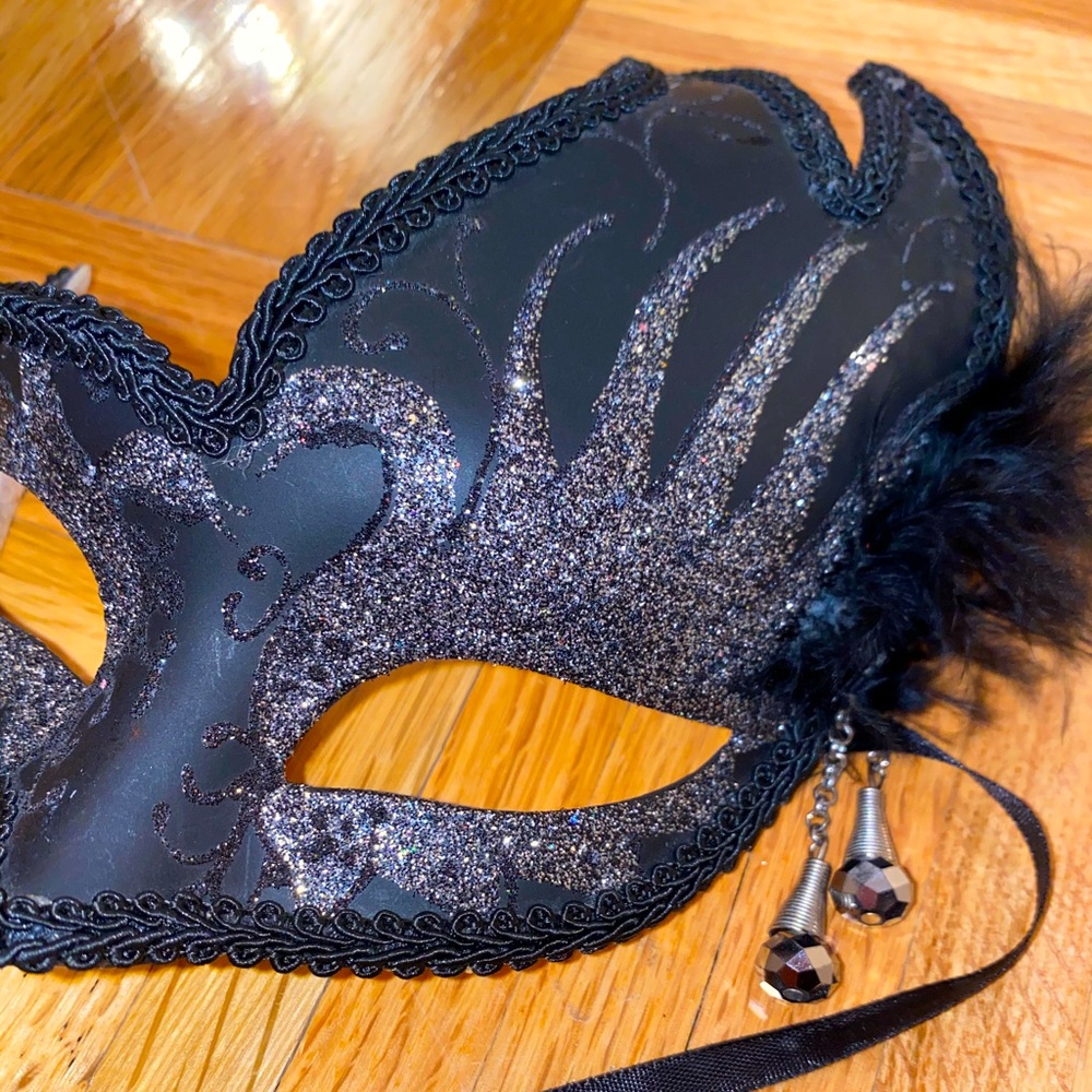 Custom Venetian feather beaded black mask one size